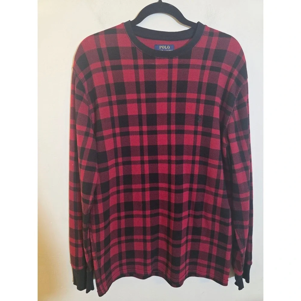 Polo Ralph Lauren Mens XL Red Black Buffalo Plaid Waffle‎ Knit Thermal Shirt